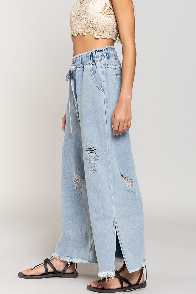 Denim Wide Leg Drawstring Pants | POL - Final Sale