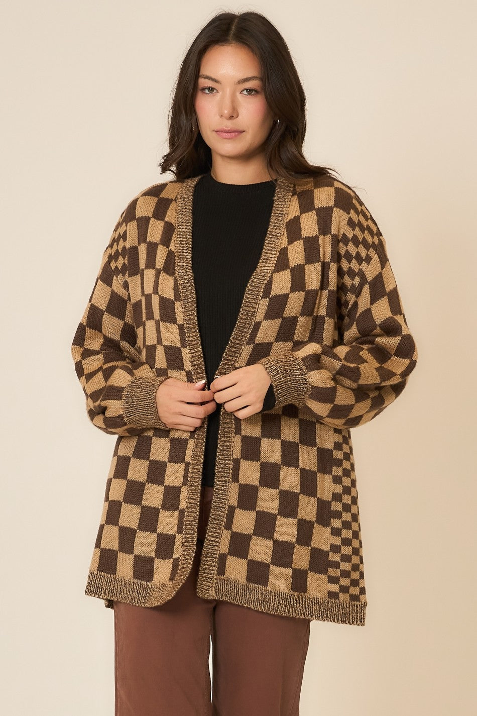 Brown Checker Jacquard Knit Open Cardigan | COZY CO *30A SEPT PREORDER