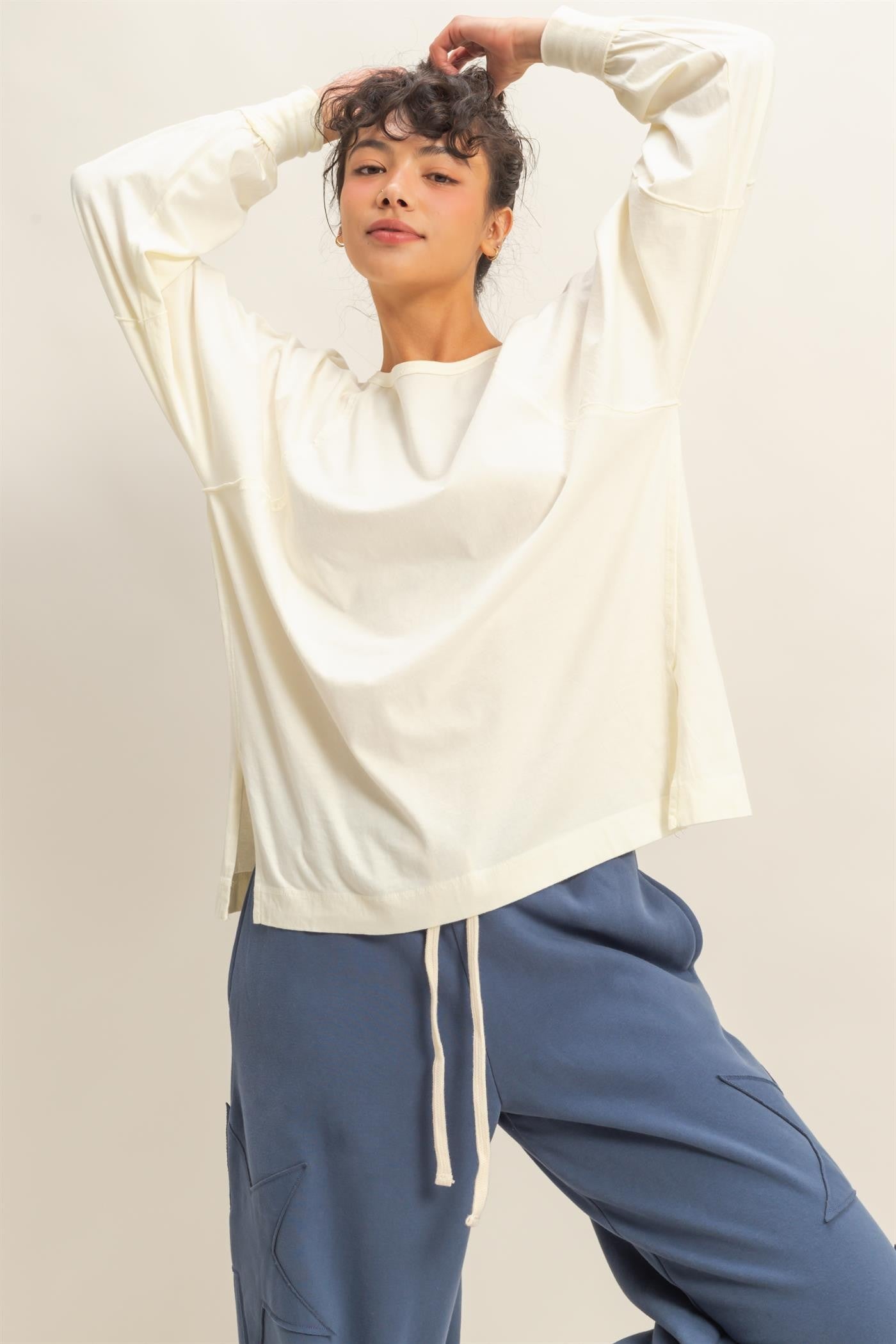 Washed Oversized Long Sleeve Top With Slit (3 COLORS) | HYFVE *LA LIVE PREORDER**