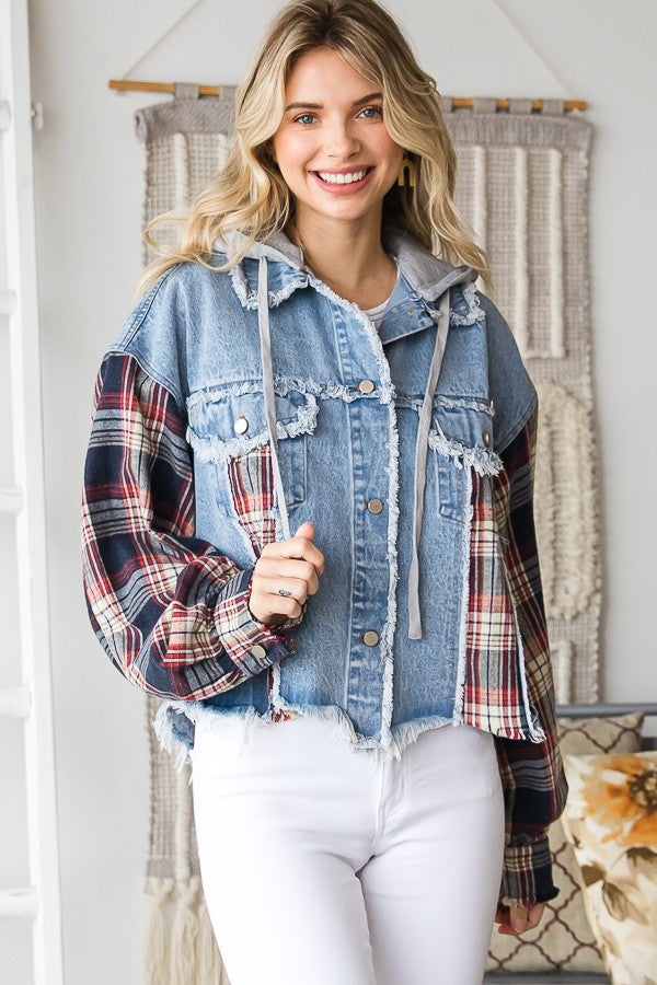 Washed Plaid Sleeve Hood Denim Jacket