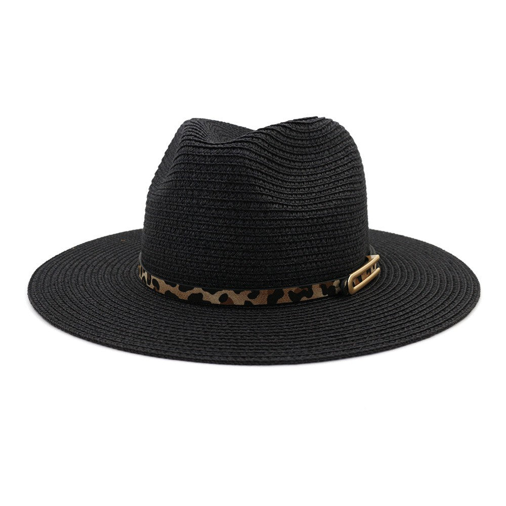 Leopard Leather Belt U Shaped Buckle Straw Hat - Final Sale