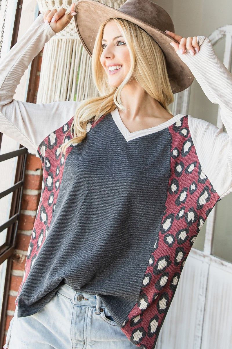 Cream Leopard Print Contrast Long Sleeve Top - Final Sale