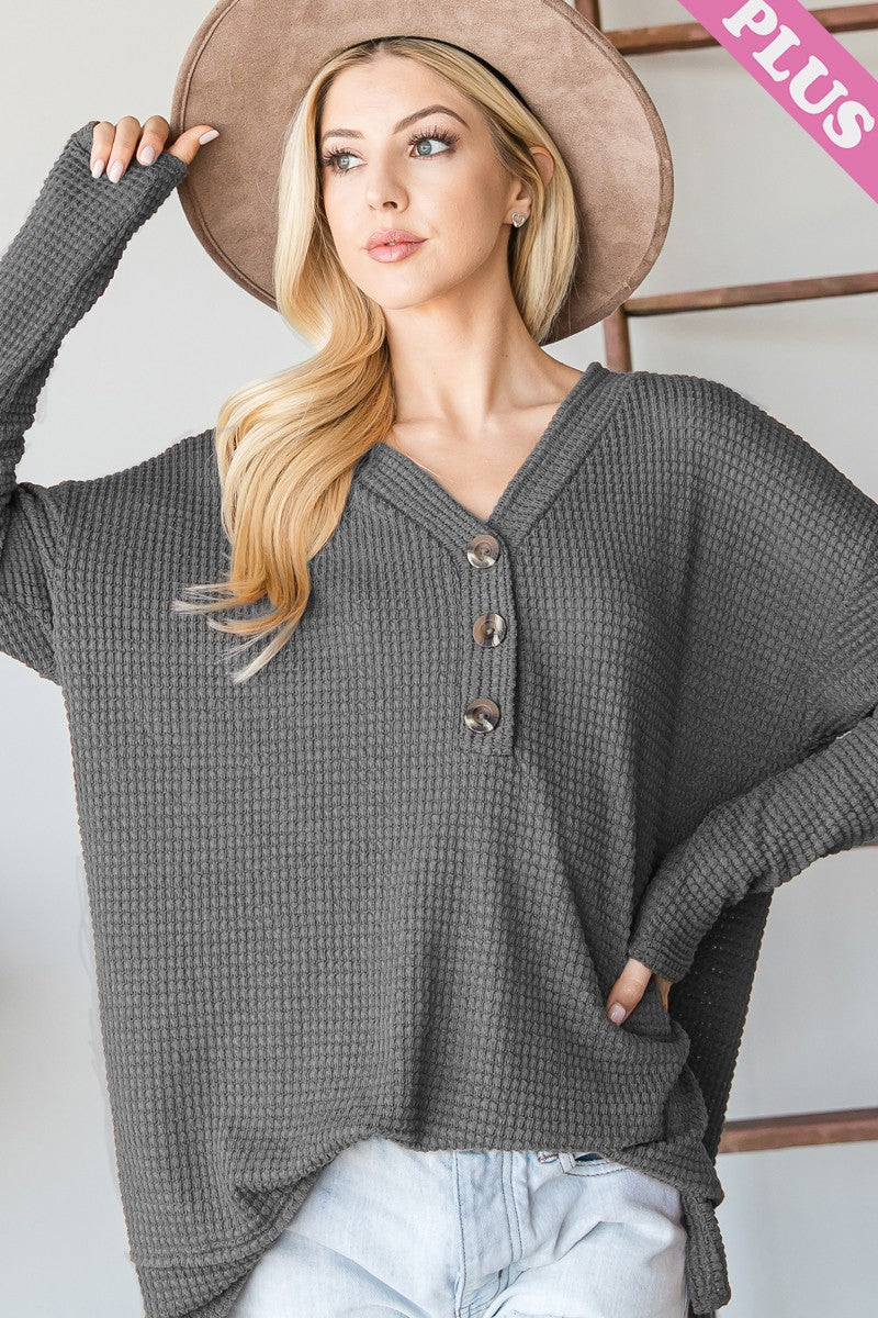Charcoal Waffle Long Sleeve V-Neck Top