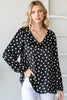 Ditsy Dot Print Satin V-Neck Long Sleeve Top - Final Sale