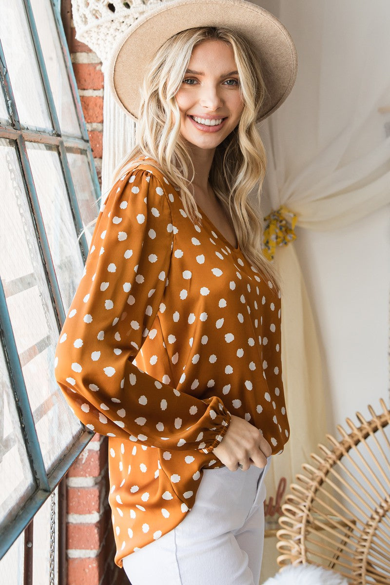 Ditsy Dot Print Satin V-Neck Long Sleeve Top - Final Sale