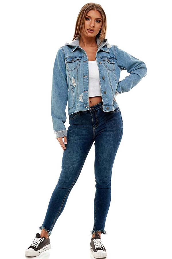 Distressed Denim Jacket W / Fleece Hoodie
