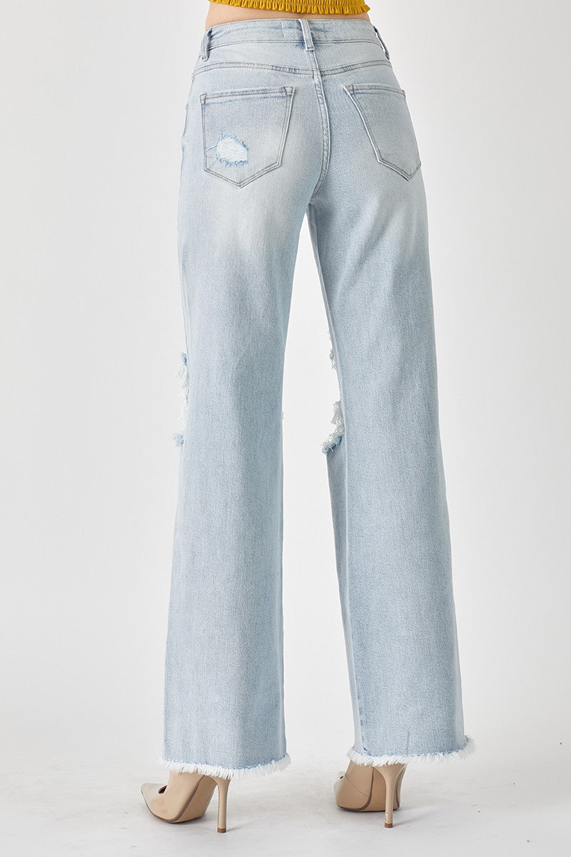 HIGH-RISE DISTRESSED WIDE LEG DAD JEANS - RISEN