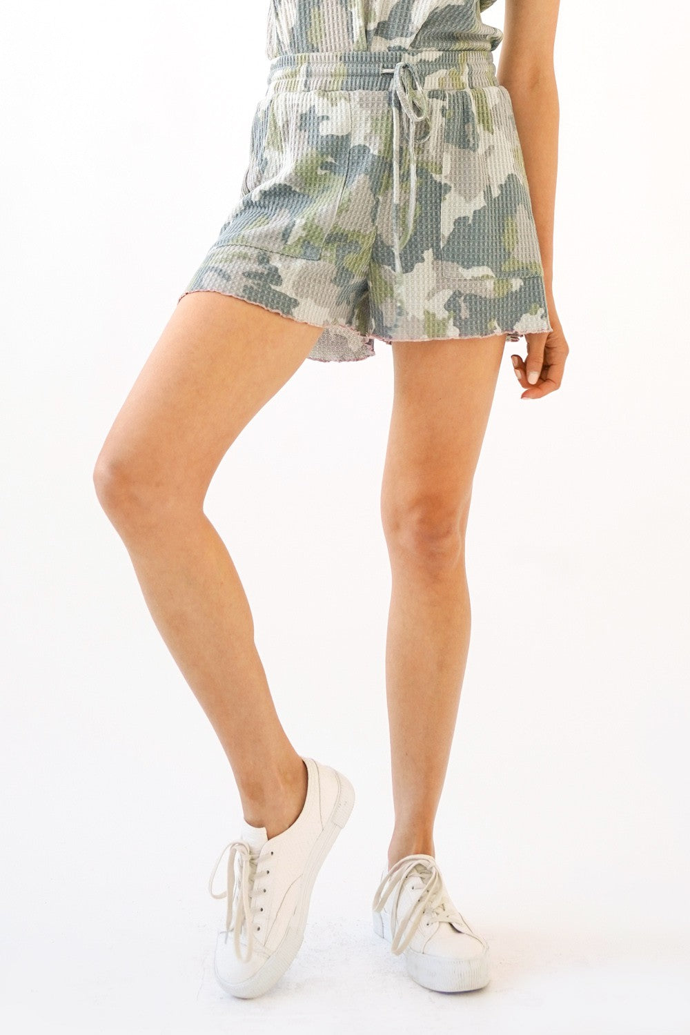 Camo Print Lettuce Hem Waffle Shorts | MYSTREE