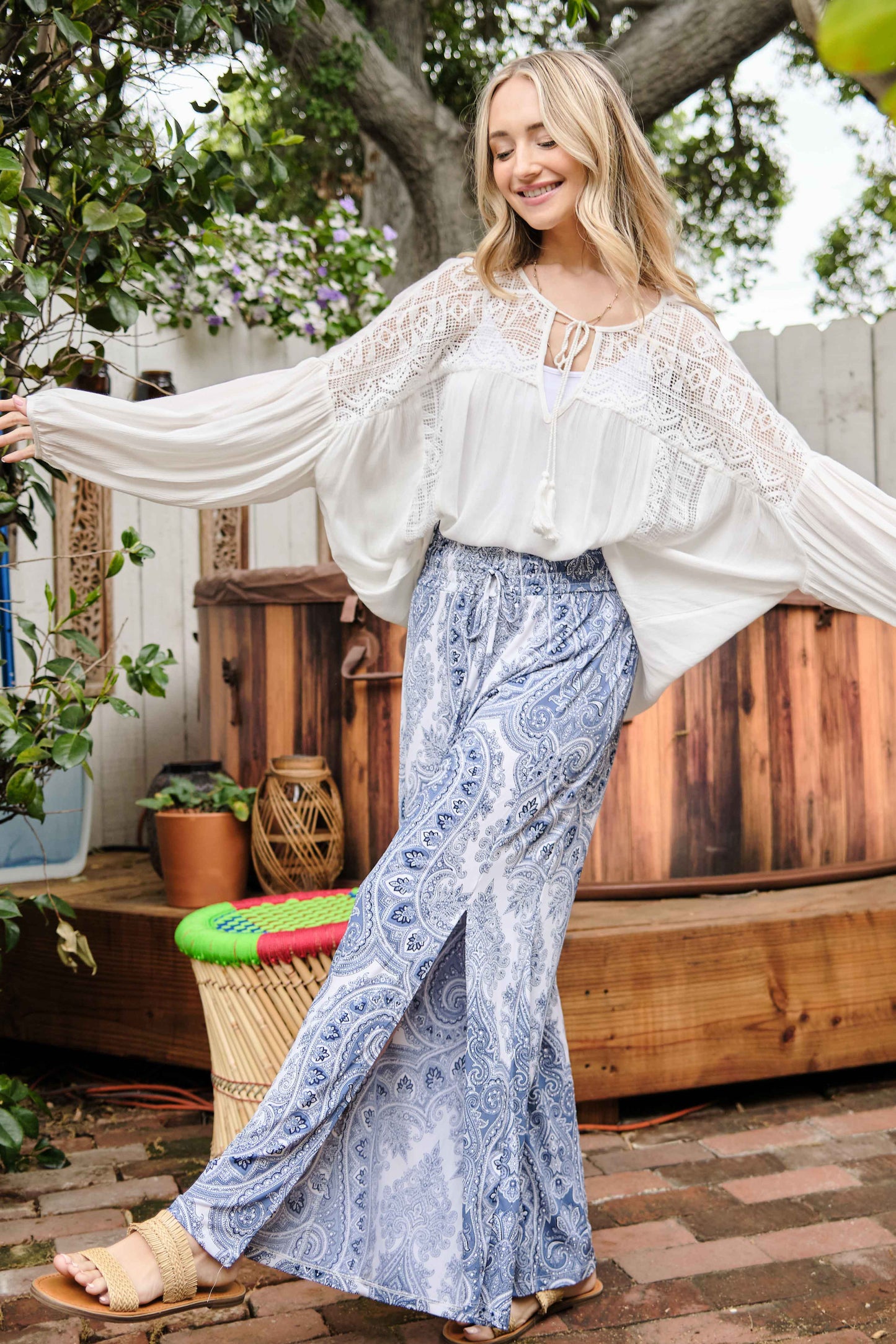 Printed Side Slit Smocked Waist Wide Pants