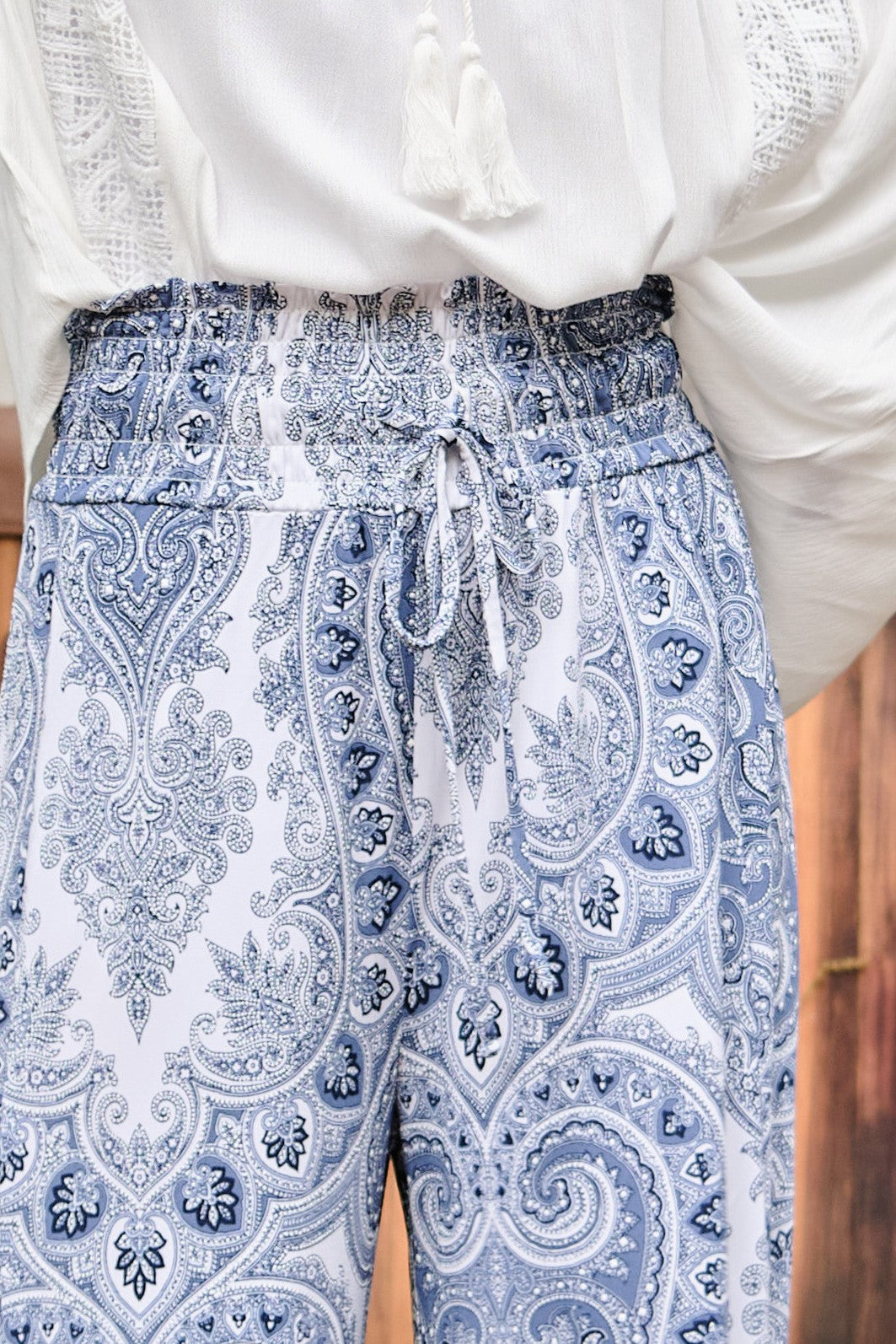 Printed Side Slit Smocked Waist Wide Pants