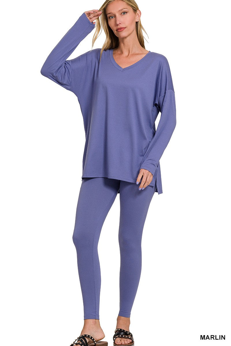 Long Sleeve V-Neck Microfiber Lounge Set - Final Sale