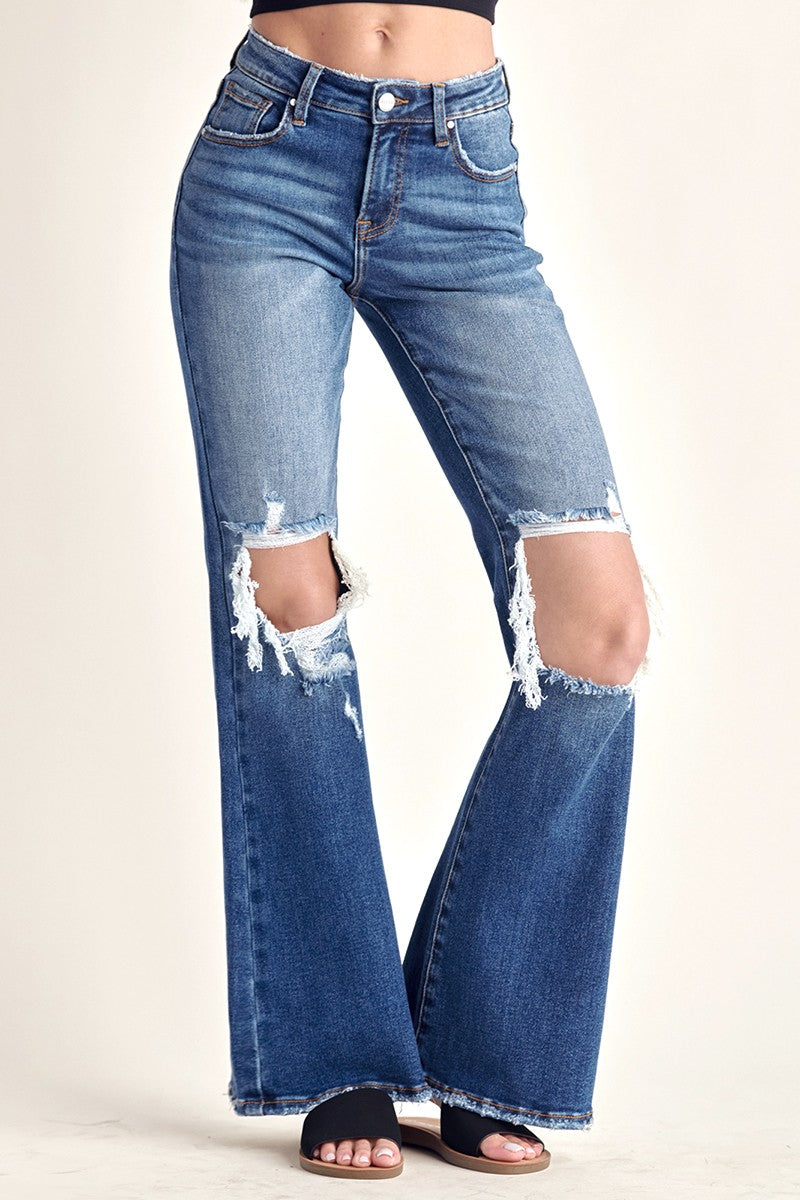 MID RISE DISTRESSED FLARE JEANS | RISEN - Final Sale**