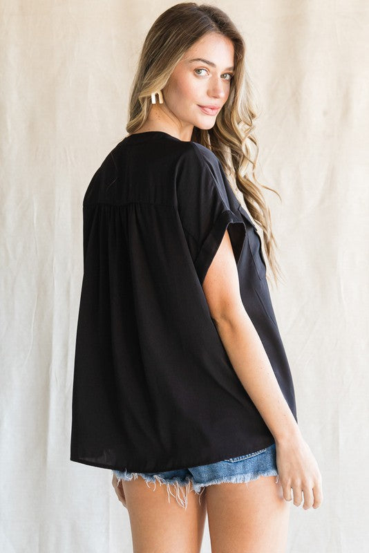 Shiny Solid Flap Pockets Black Top