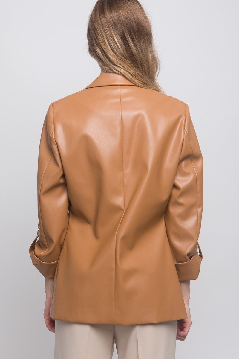 Camel Pleather Roll Up Sleeve Blazer