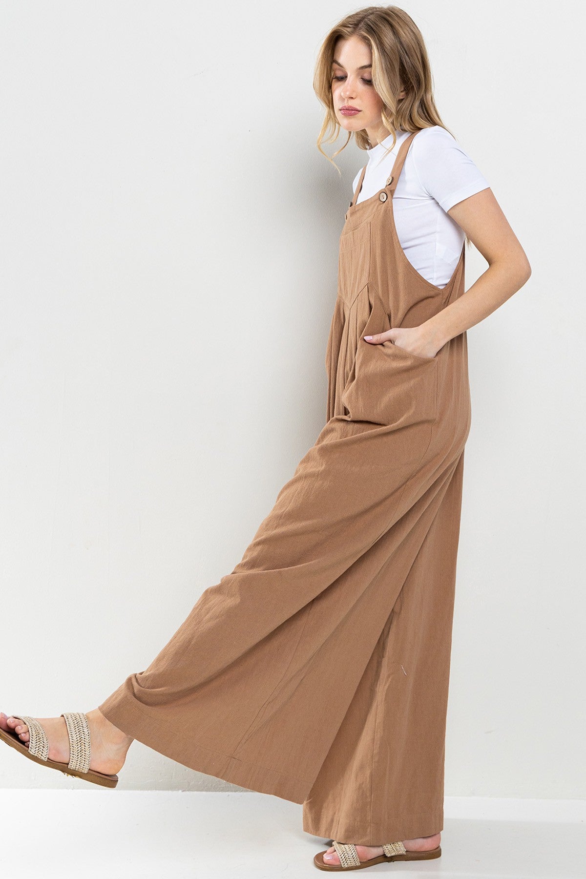 She Gone Linen Three Buttons Adjustable Strap Jumpsuit - Final Sale