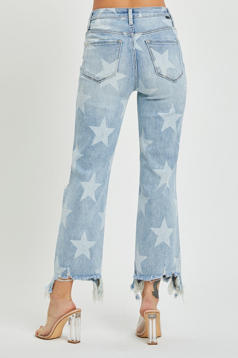 High Rise Star Printed Straight Crop Denim Jeans | RISEN - Final Sale