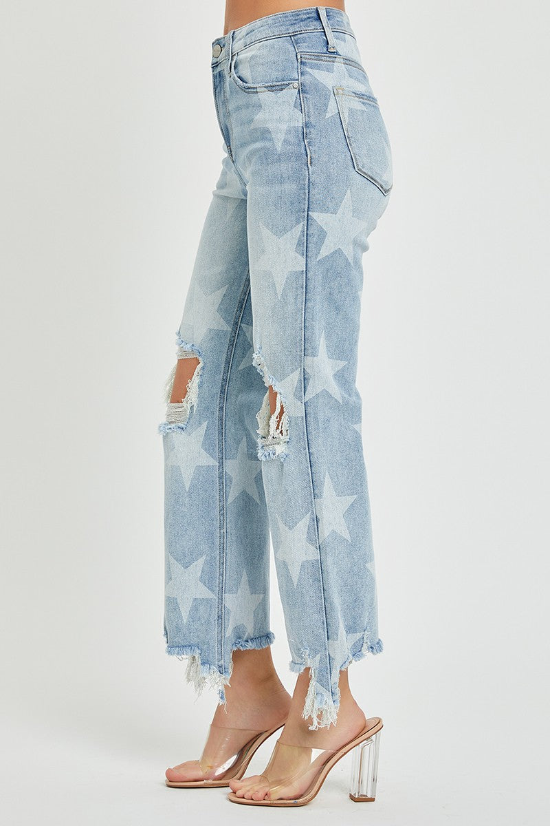 High Rise Star Printed Straight Crop Denim Jeans | RISEN - Final Sale