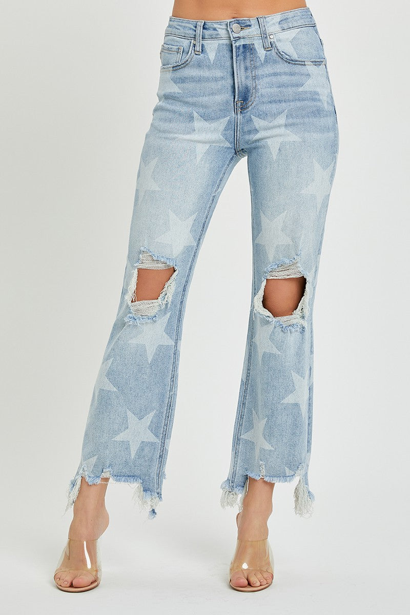 High Rise Star Printed Straight Crop Denim Jeans | RISEN - Final Sale