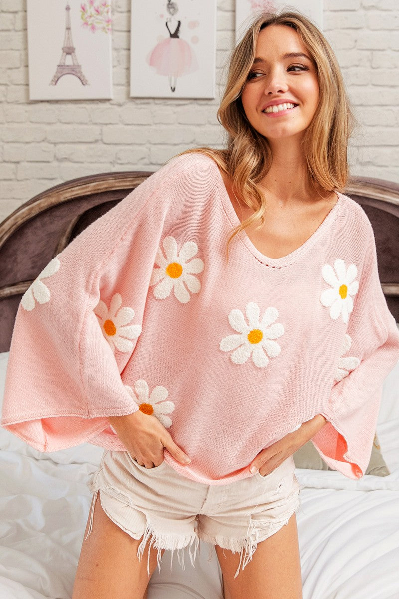 Flower Embroidery Loose Knit Sweater - Final Sale