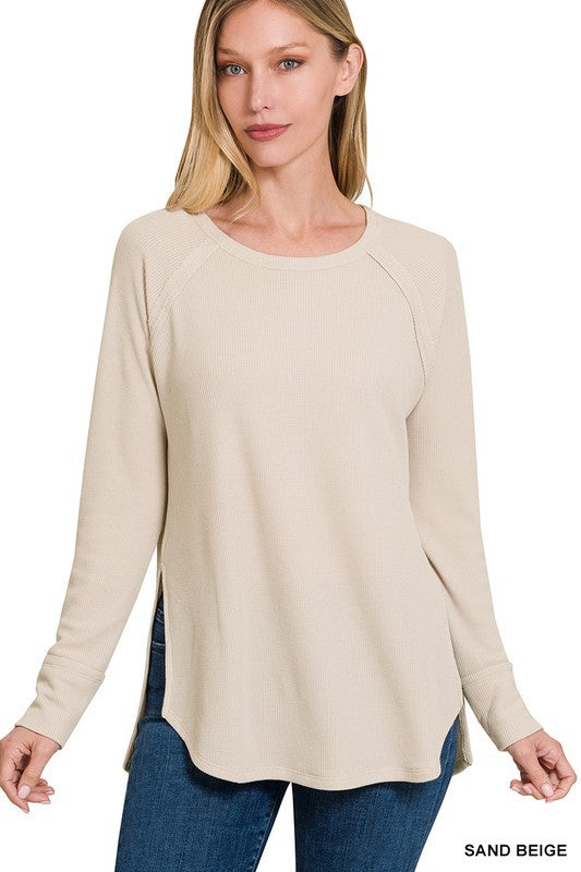 Sand beige Melange Waffle Long Sleeve Top