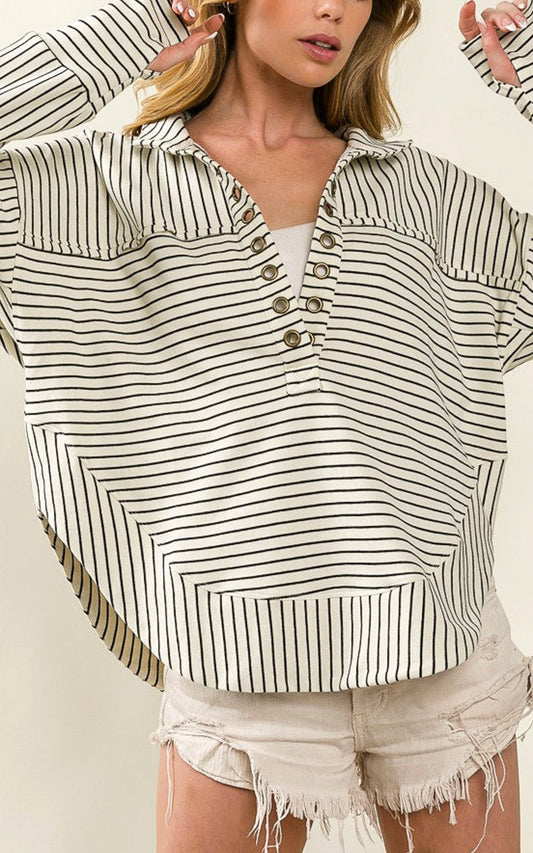 Ivory Stripe Half Button Pullover * - BiBi