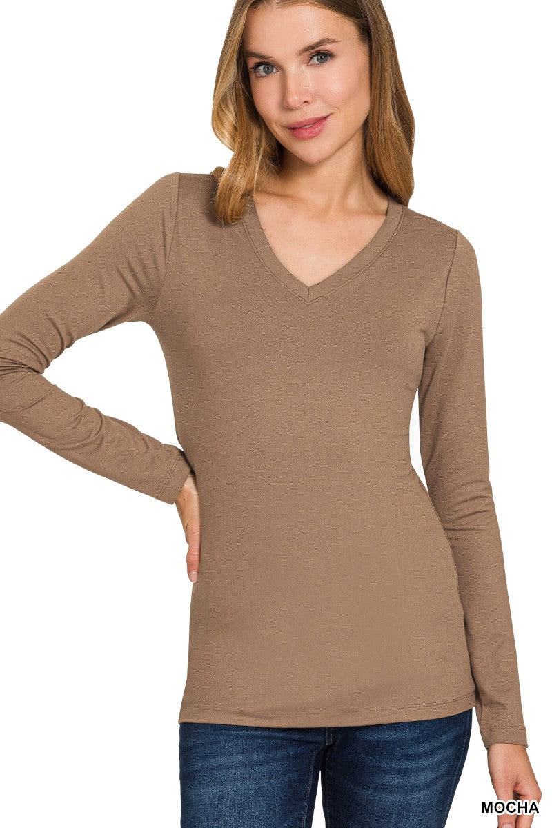 Brushed Microfiber Long Sleeve V-neck Tee (11 COLORS) | ZENANA *LA LIVE PREORDER