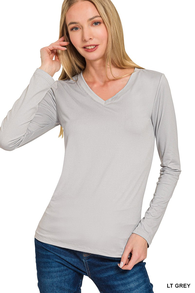 Brushed Microfiber Long Sleeve V-neck Tee (11 COLORS) | ZENANA *LA LIVE PREORDER