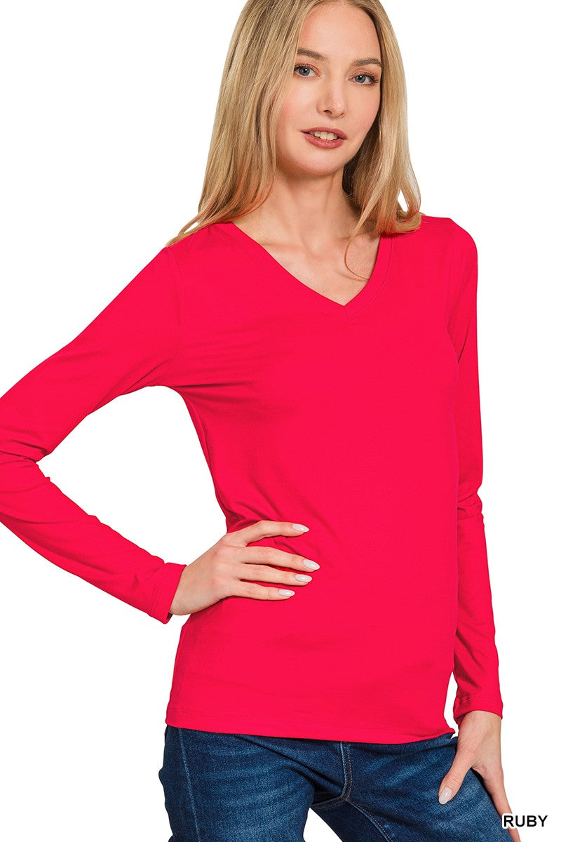 Brushed Microfiber Long Sleeve V-neck Tee (11 COLORS) | ZENANA *LA LIVE PREORDER