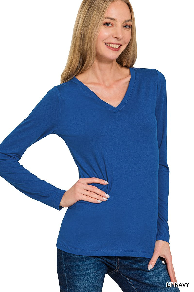 Brushed Microfiber Long Sleeve V-neck Tee (11 COLORS) | ZENANA *LA LIVE PREORDER