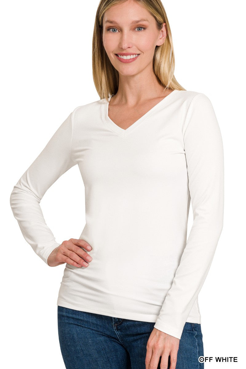 Brushed Microfiber Long Sleeve V-neck Tee (11 COLORS) | ZENANA *LA LIVE PREORDER