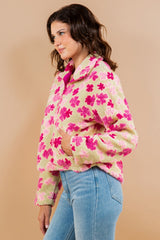 Fuchsia Floral Sherpa Pullover Tops - Final Sale