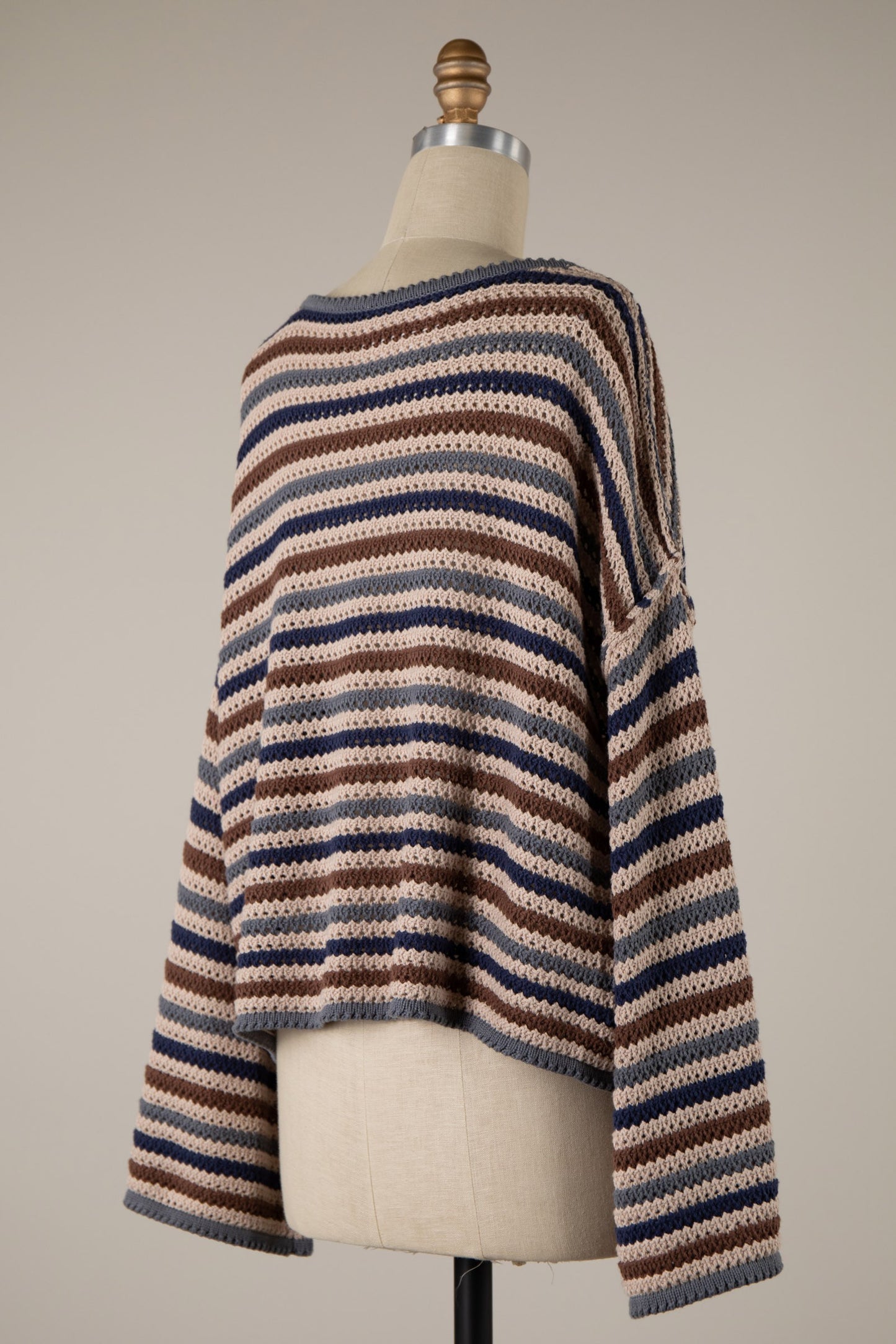 Taupe Crochet Lace Striped Crop Sweater Top
