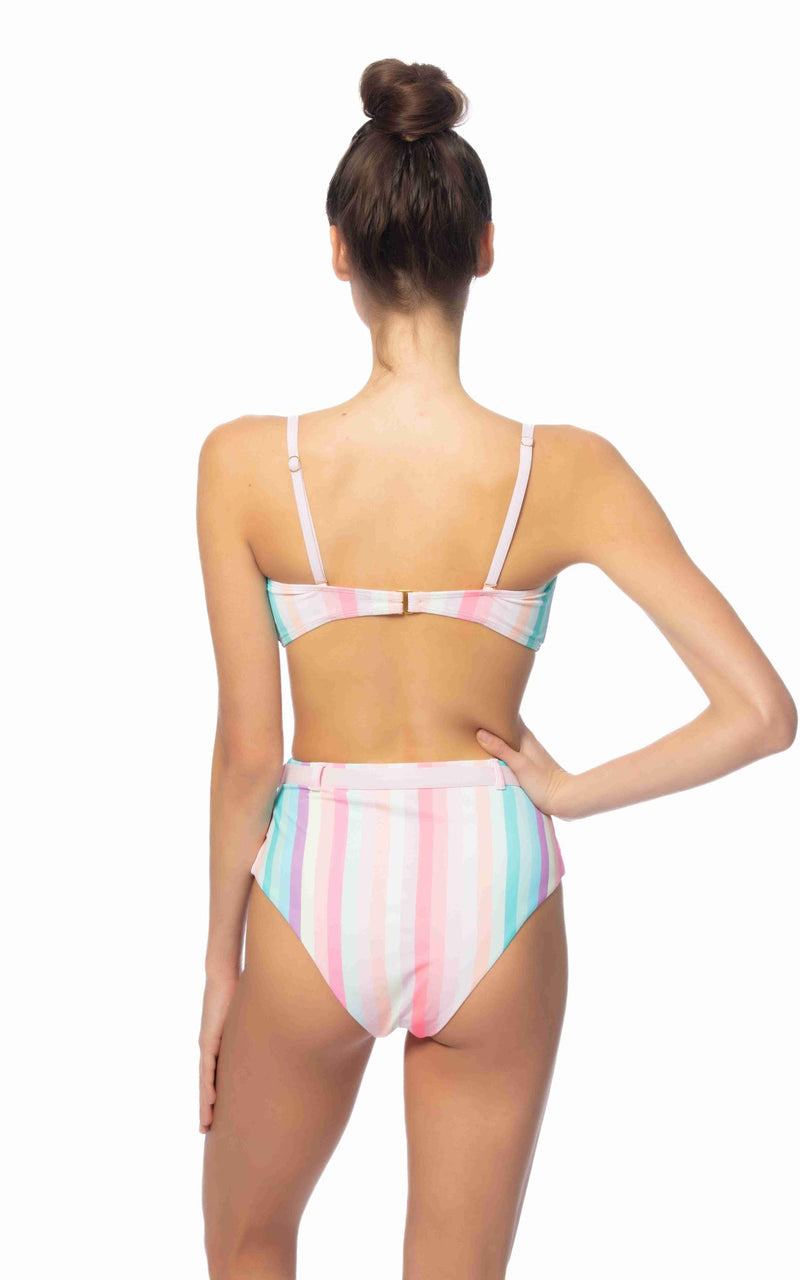 Pink Striped Bandeau Belted Bikini Swim Set 
