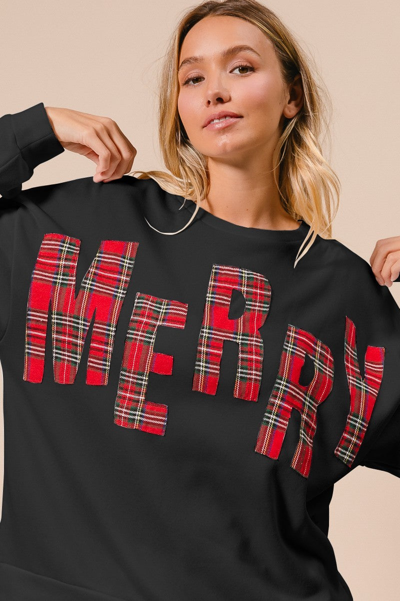 Plaid Merry Lettering Christmas Fleece Sweatshirt | BIBI *LA LIVE PREORDER