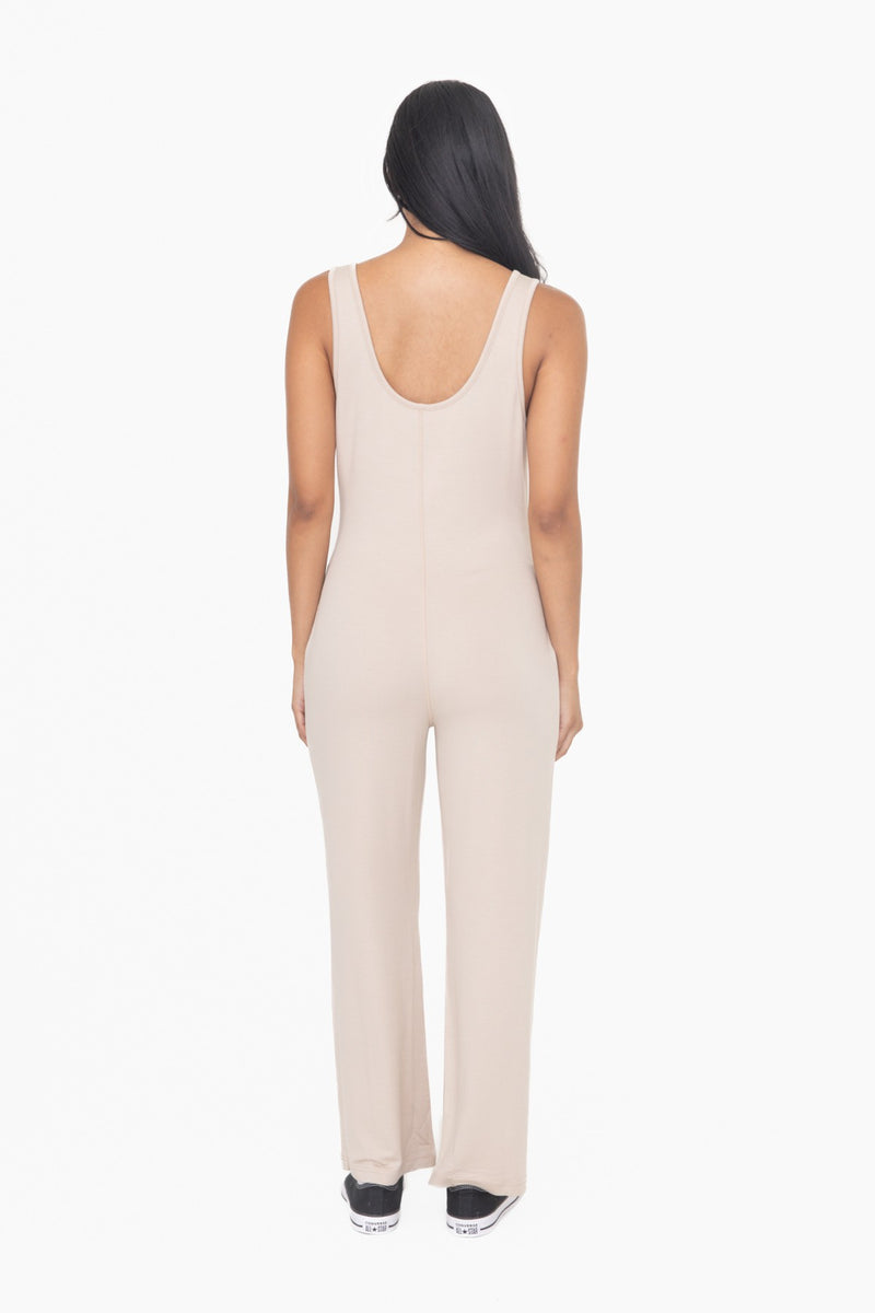 MONO B Natural Wide Leg French Terry Lounge Jumpsuit