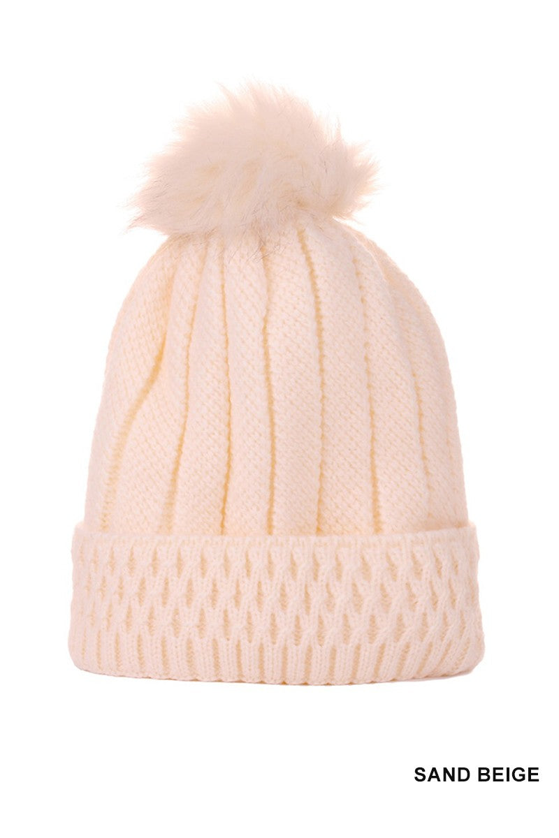 Knitted Pom Pom Beanie Hat - Sand Beige** - Final Sale