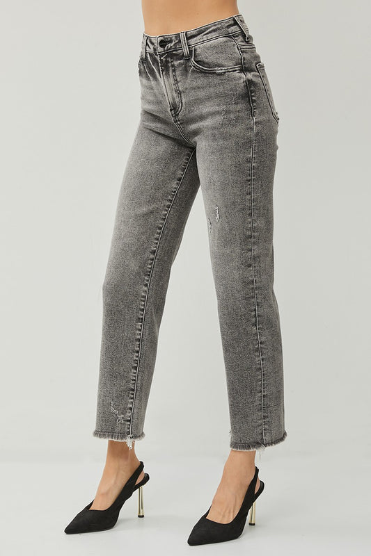 Acid Black High Rise Frayed Hem Straight Denim Jeans | RISEN - Final Sale