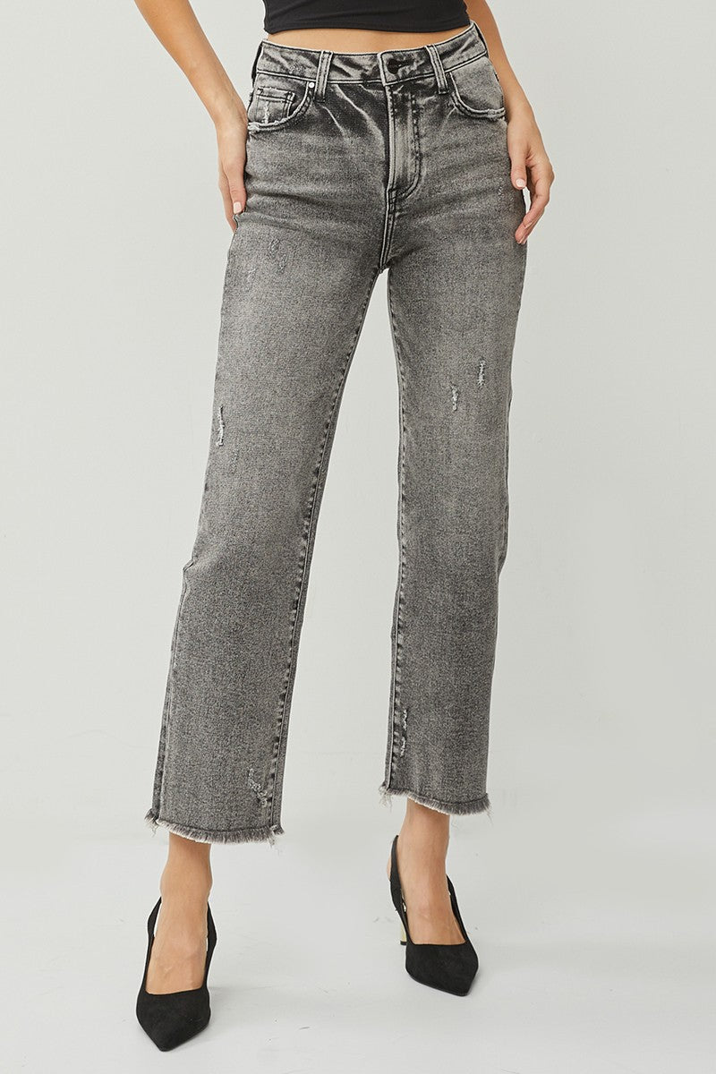 Acid Black High Rise Frayed Hem Straight Denim Jeans | RISEN - Final Sale