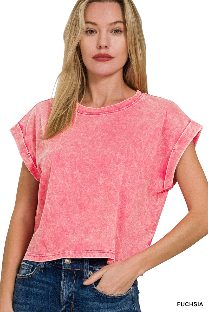 The Lakin Washed Cotton Cuffed Short Sleeve Top | ZENANA DEAL