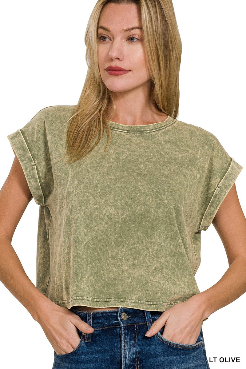 The Lakin Washed Cotton Cuffed Short Sleeve Top | ZENANA DEAL
