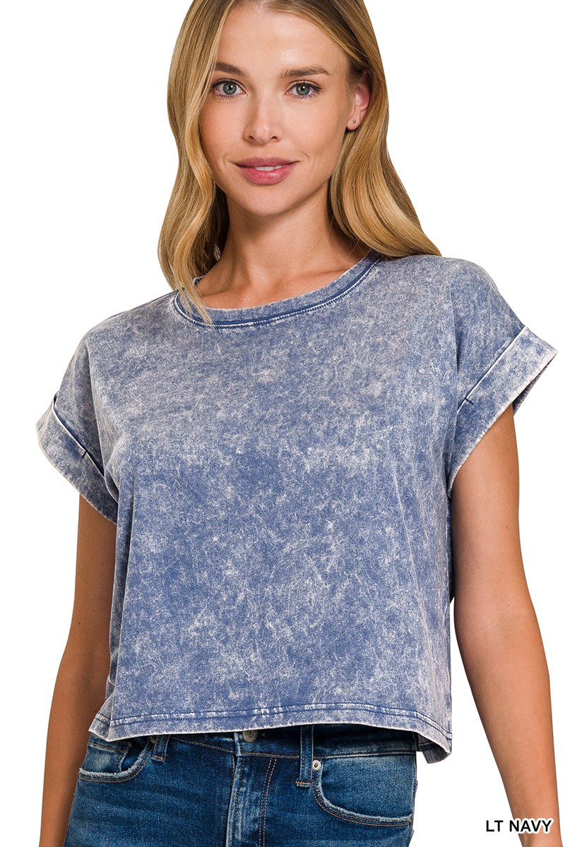 The Lakin Washed Cotton Cuffed Short Sleeve Top | ZENANA DEAL