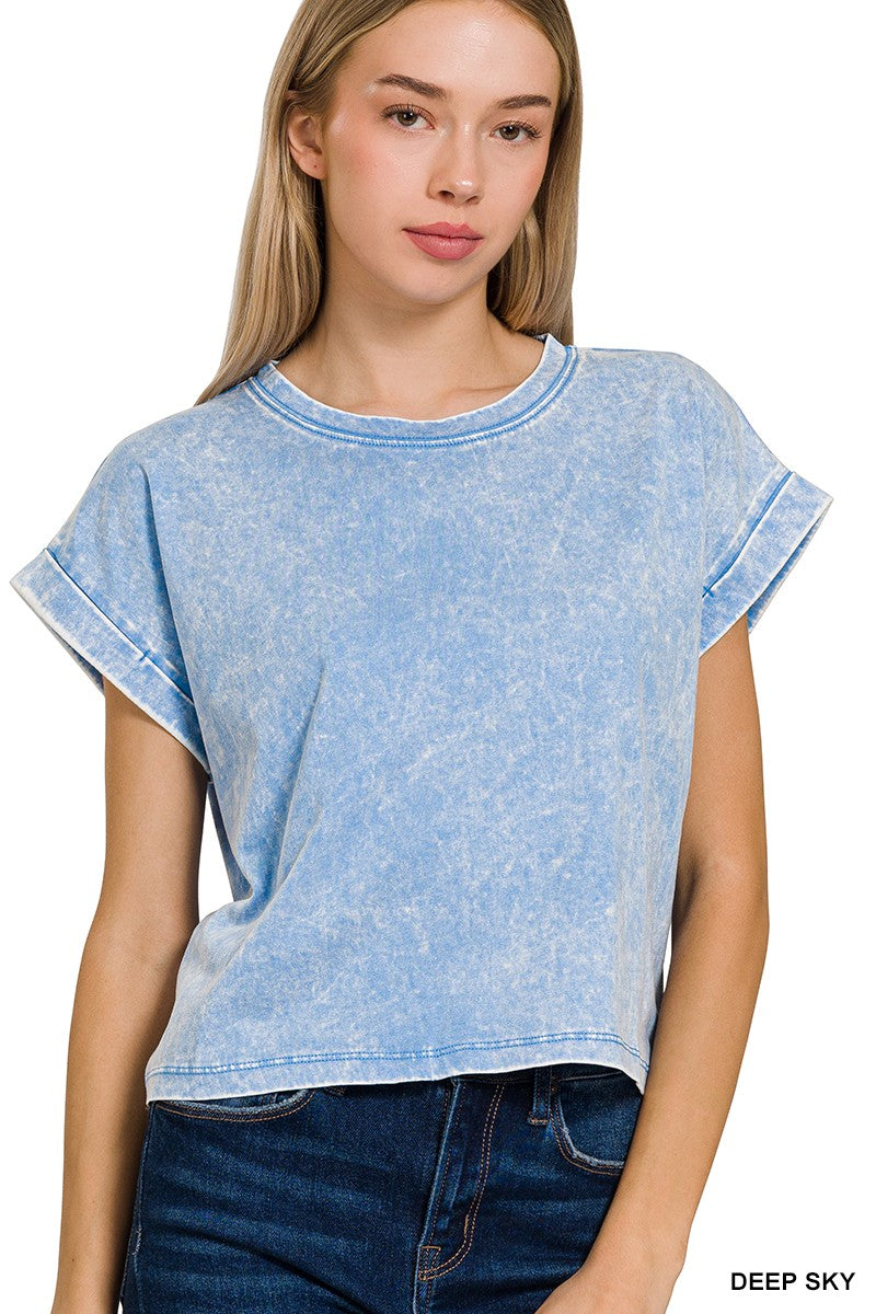The Lakin Washed Cotton Cuffed Short Sleeve Top | ZENANA DEAL