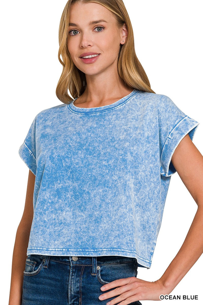 The Lakin Washed Cotton Cuffed Short Sleeve Top | ZENANA DEAL