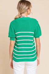 Kelly Green Striped Knit Puffed Sleeves Top