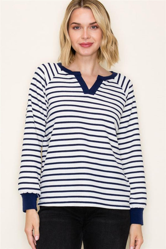 Navy Striped Seersucker Long Sleeve Top