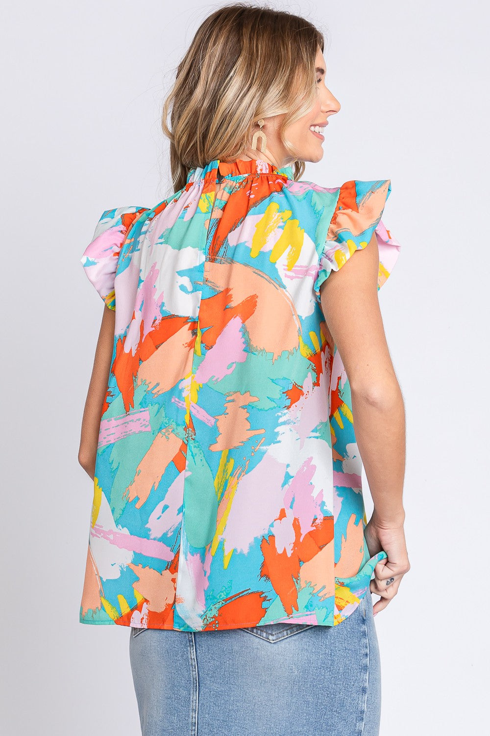 Ruffle Sleeve Abstract Pattern Top - Final Sale**