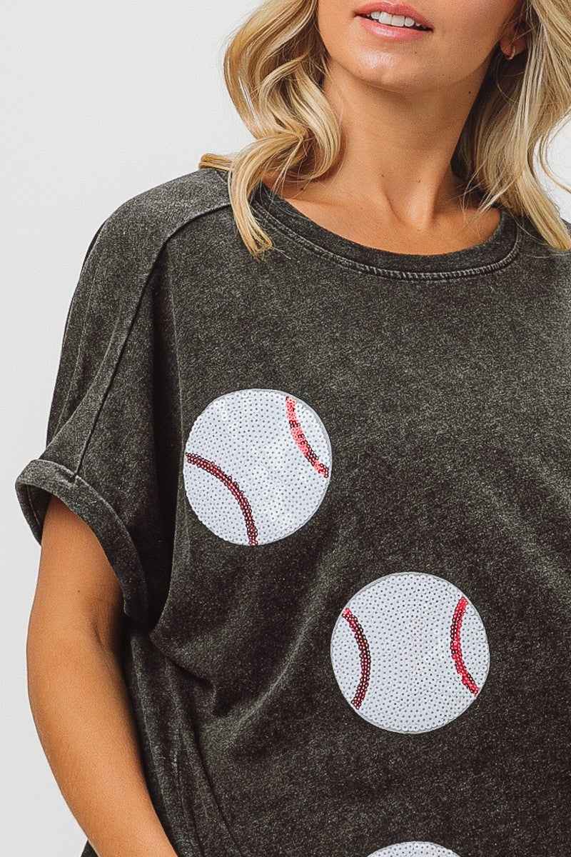 Sequin Baseballs Washed Short Sleeve Top * -BiBi - Final Sale