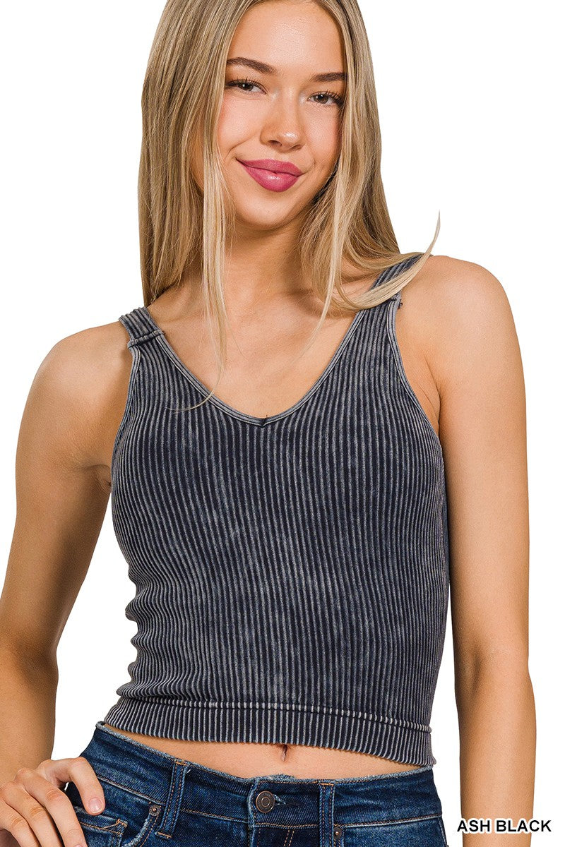Washed Ribbed V-Neck Cropped Tank Top - Final Sale