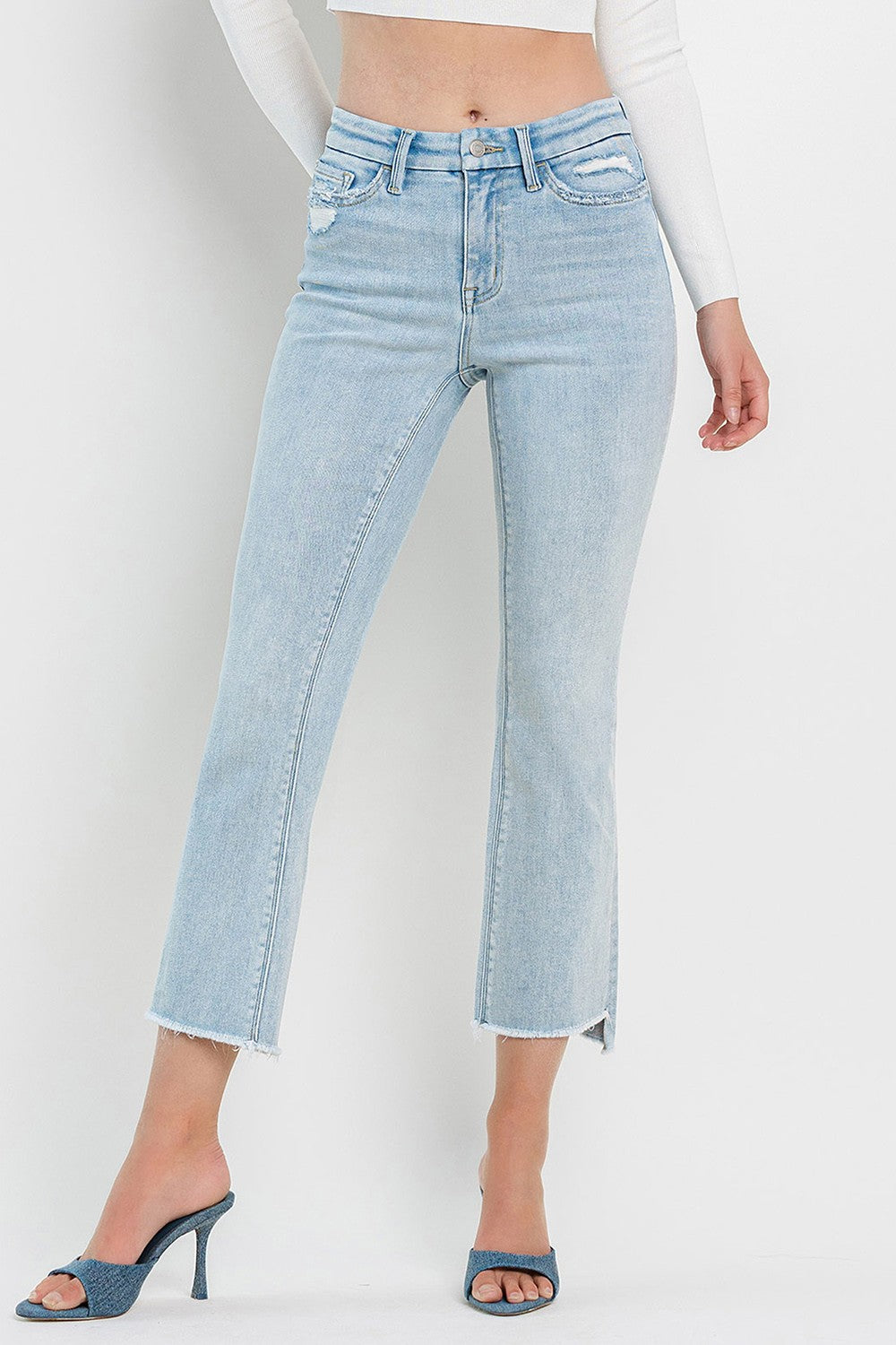 HIGH RISE SLANT RAW HEM CROP FLARE JEANS | FLYING MONKEY BY VERVET - Final Sale