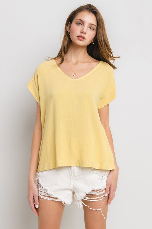 Solid Linen V-neck Short Sleeve Top - Final Sale